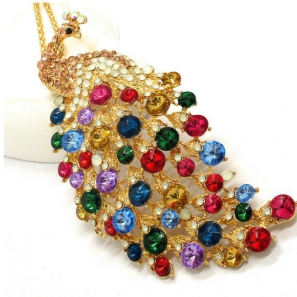 Jumbo Peacock Rainbow Crystals Brooch Pendant Purse Charm Key ring *NWT - Picture 2 of 9